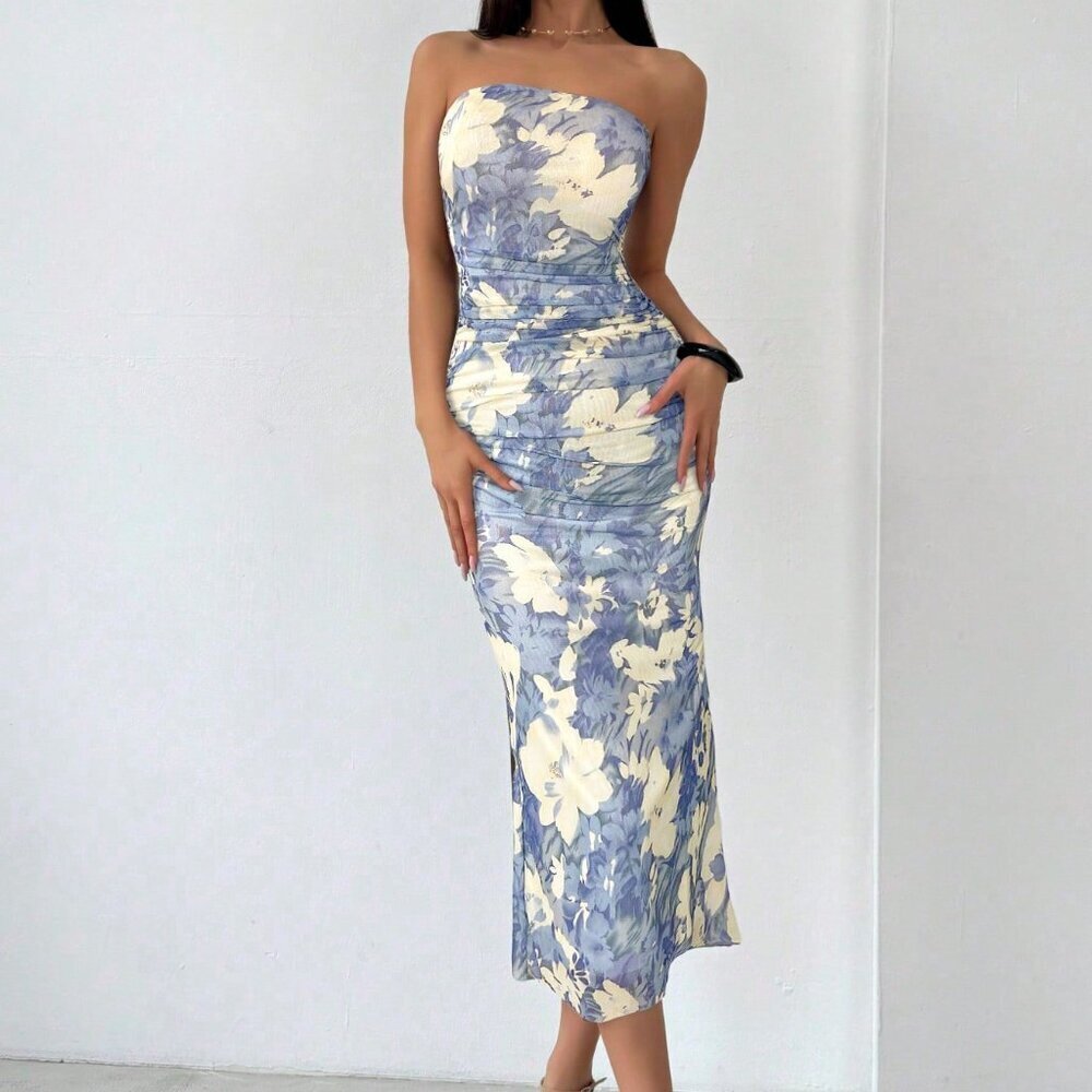 Baby Blue Elegant Women's Romantic Strapless Fitted Dress